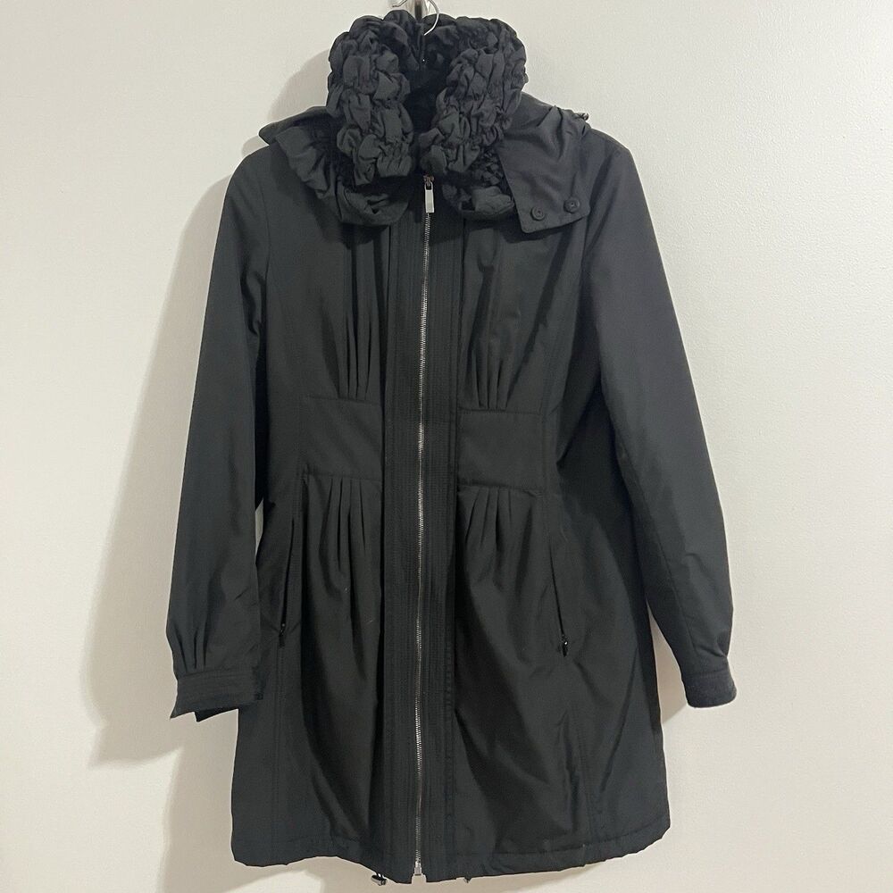 Elie Tahari Soft Shell Parka Jacket Size S Black Performance Ruched Neck Hooded